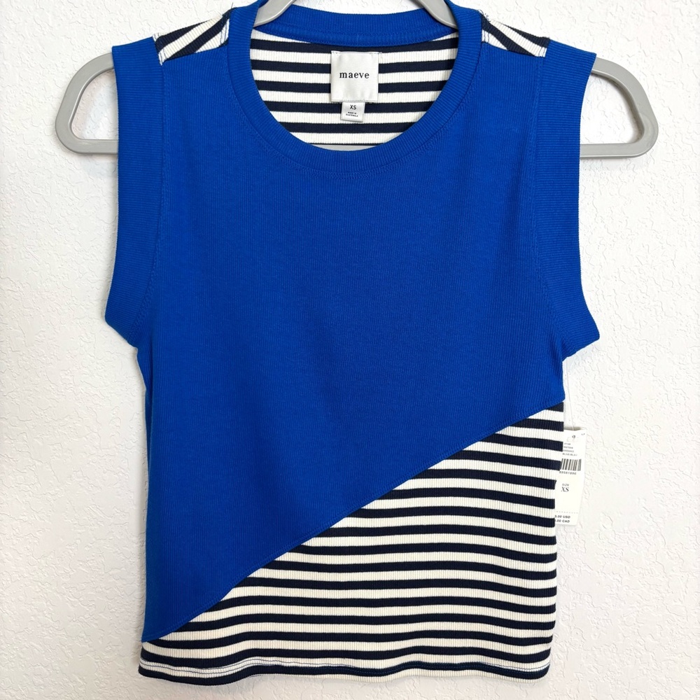 NWT Maeve Anthro Blue White Striped Ribbed Tank Top Women’s XS Preppy Costal